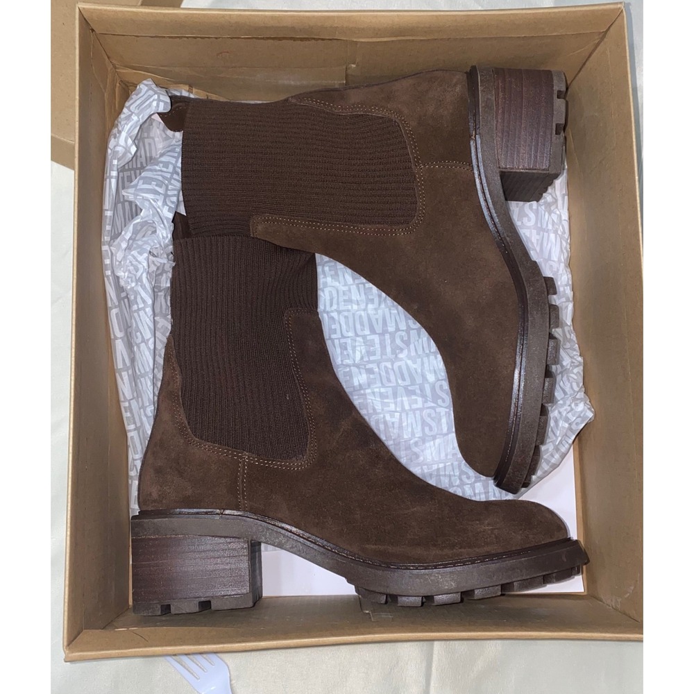 Steve Madden Kiley Brown Suede Ribbed Knit Sock Chelsea Lug Sole Women Boots 8.5